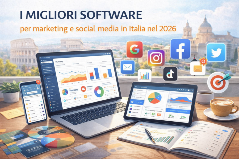 Software per marketing e social media in Italia nel 2026 con dashboard analytics su laptop e tablet e icone social media