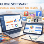 Software per marketing e social media in Italia nel 2026 con dashboard analytics su laptop e tablet e icone social media
