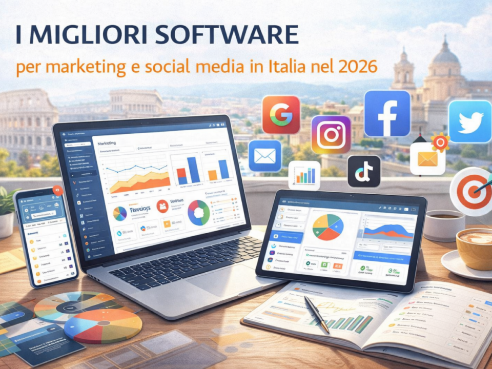 Software per marketing e social media in Italia nel 2026 con dashboard analytics su laptop e tablet e icone social media