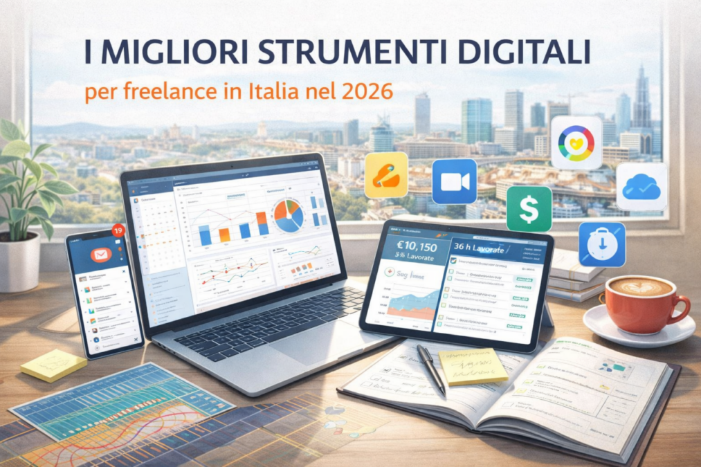 Strumenti digitali per freelance in Italia nel 2026 con laptop, tablet e app di gestione progetti su scrivania professionale