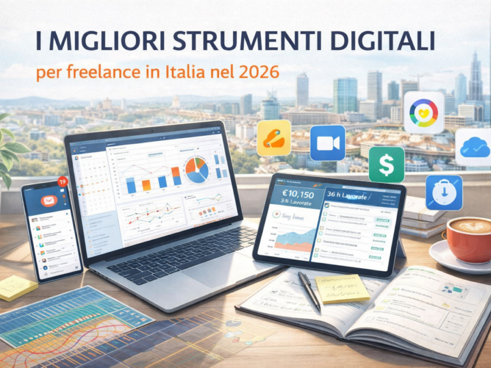 Strumenti digitali per freelance in Italia nel 2026 con laptop, tablet e app di gestione progetti su scrivania professionale