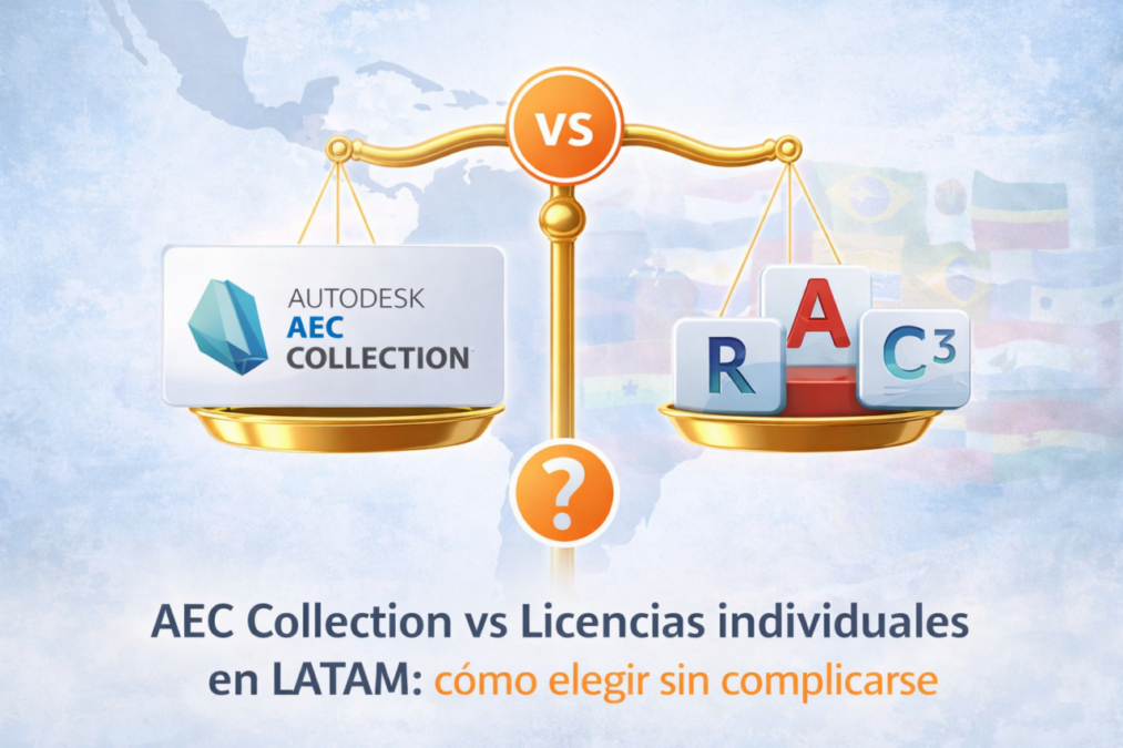 Comparación AEC Collection vs licencias individuales en Latinoamérica ilustrada con balanza y mapa LATAM