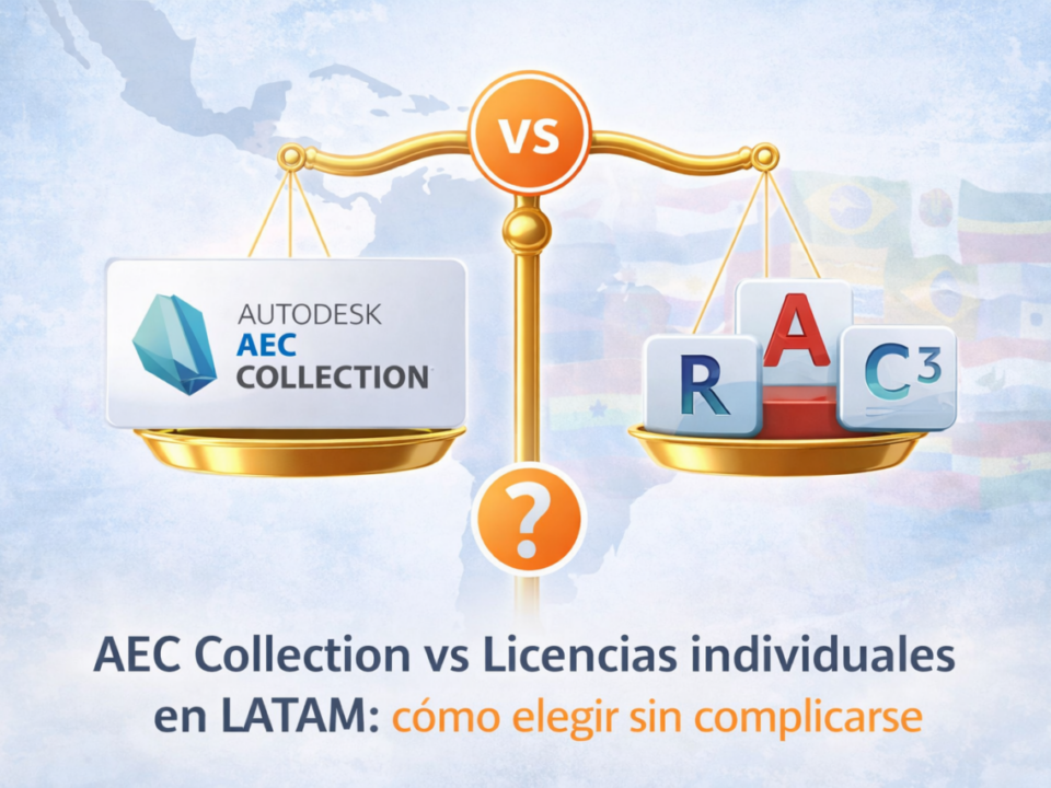 Comparación AEC Collection vs licencias individuales en Latinoamérica ilustrada con balanza y mapa LATAM