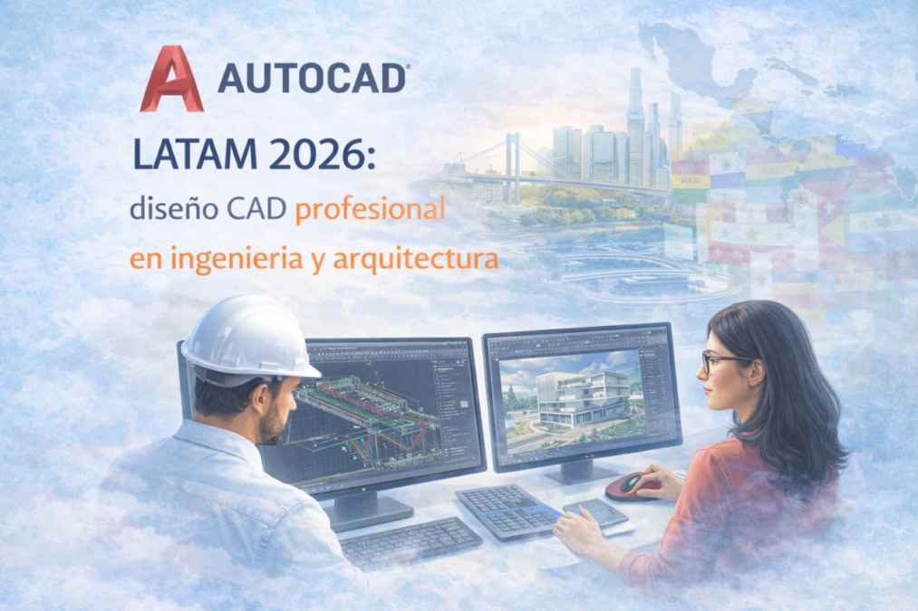 AutoCAD LATAM 2026 diseño CAD profesional para ingeniería y arquitectura con modelado técnico en pantalla y mapa de Latinoamérica