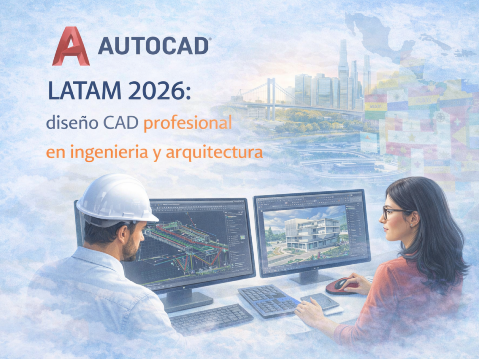 AutoCAD LATAM 2026 diseño CAD profesional para ingeniería y arquitectura con modelado técnico en pantalla y mapa de Latinoamérica