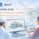 Revit LATAM 2026 software BIM para arquitectura ingeniería y construcción con modelo 3D en pantalla y mapa de Latinoamérica