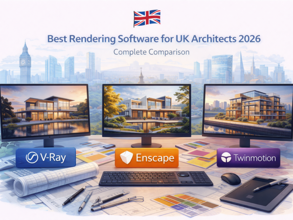 Illustration comparing rendering software options for UK architects in 2026