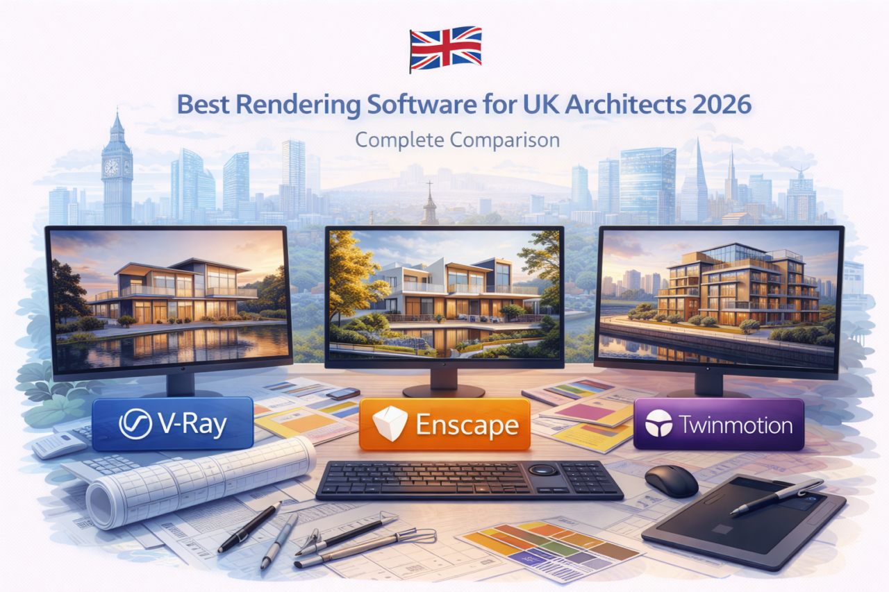 Illustration comparing rendering software options for UK architects in 2026