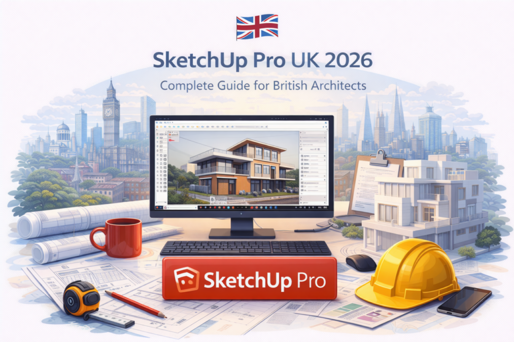 Illustration showing SketchUp Pro as a design and modeling tool for British architects in 2026