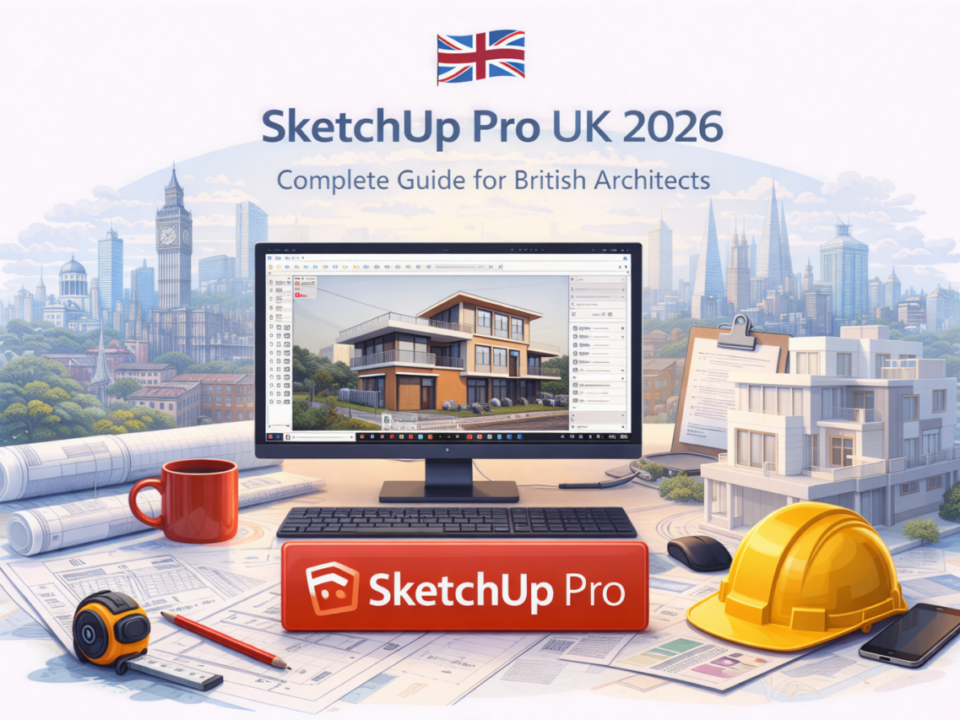 Illustration showing SketchUp Pro as a design and modeling tool for British architects in 2026