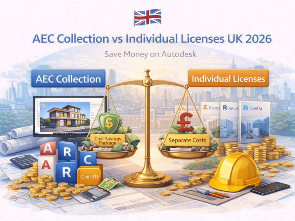 Illustration comparing Autodesk AEC Collection and individual licenses for UK professionals in 2026, highlighting potential cost savings