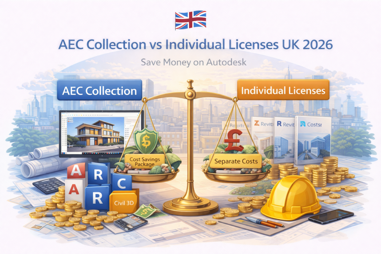 Illustration comparing Autodesk AEC Collection and individual licenses for UK professionals in 2026, highlighting potential cost savings