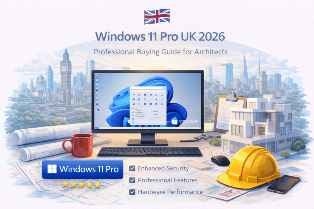 Illustration presenting Windows 11 Pro as a professional operating system for architects and design studios in the UK in 2026