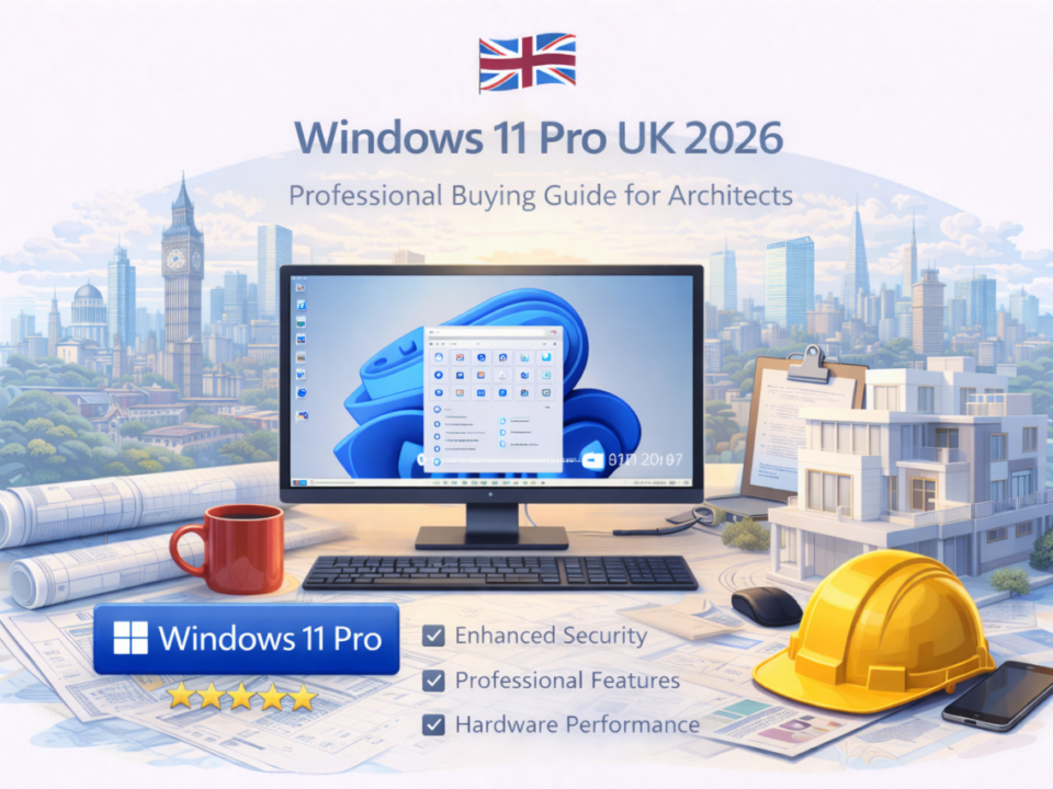 Illustration presenting Windows 11 Pro as a professional operating system for architects and design studios in the UK in 2026