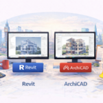Illustration comparing Revit and Archicad BIM software for UK architects in 2026