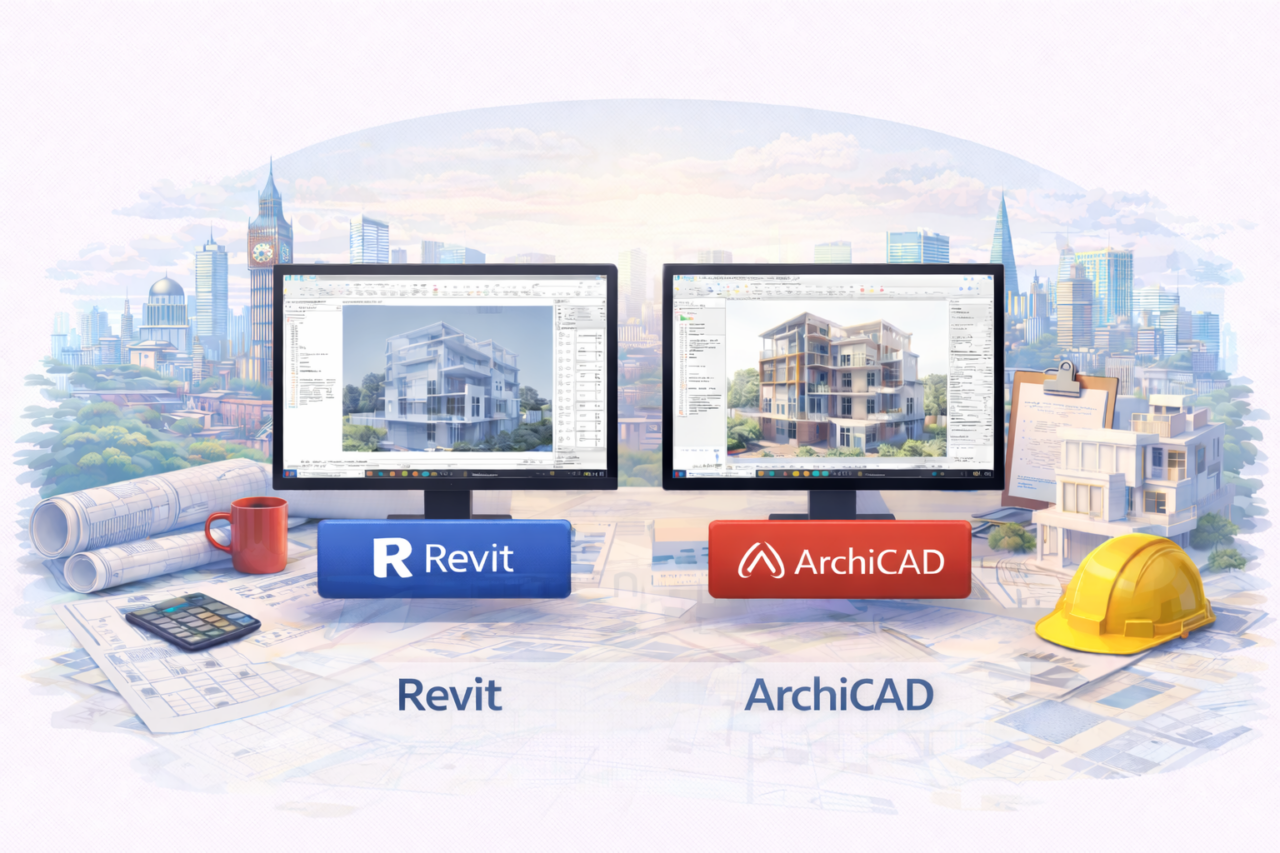 Illustration comparing Revit and Archicad BIM software for UK architects in 2026