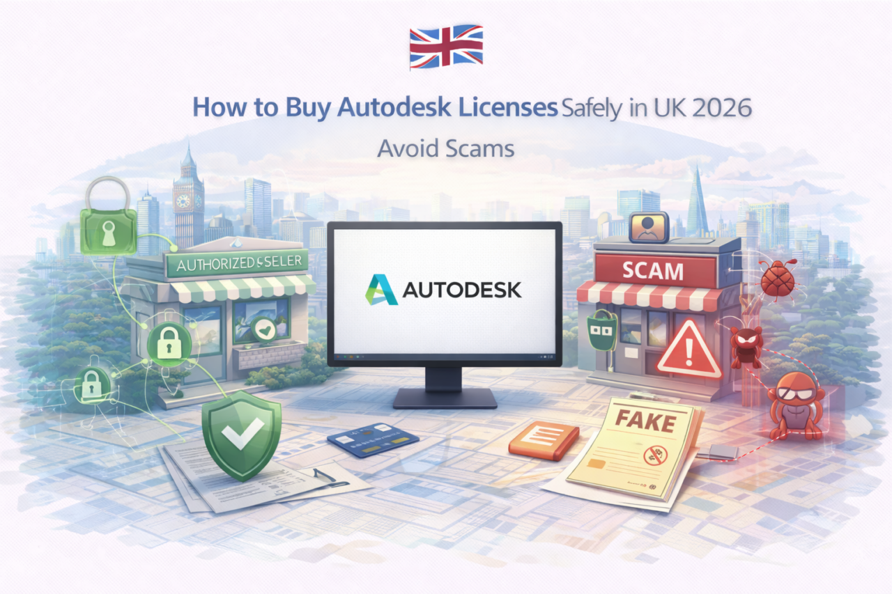 Illustration showing how to buy Autodesk licenses safely in the UK in 2026 and avoid scams