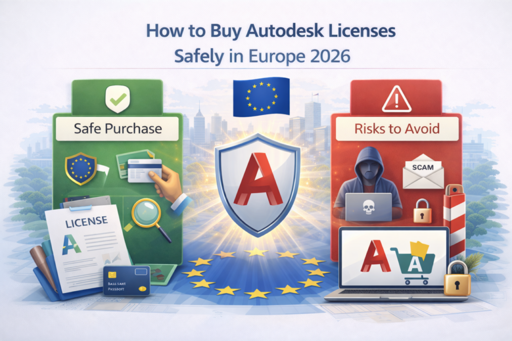 Illustration showing how to buy Autodesk licenses safely in Europe in 2026, with EU flag, secure purchase icons on one side and scam risks on the other, centered Autodesk shield symbol.
