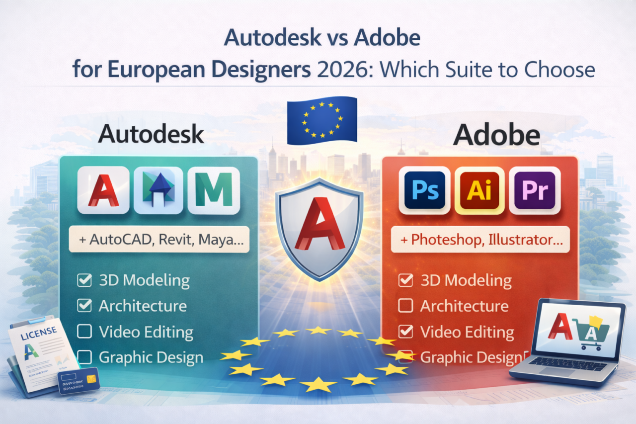 Visual comparison between Autodesk and Adobe software ecosystems for European designers, shown with icons and EU context, without text-heavy elements.