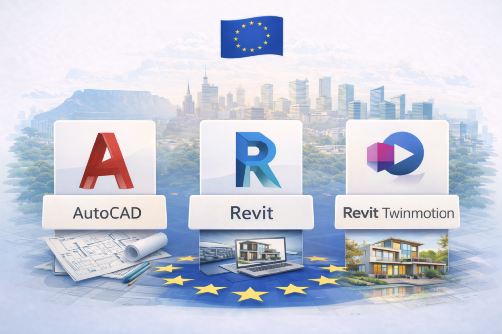 Visual overview of key Autodesk tools for European architects in 2026, showing AutoCAD, Revit and Twinmotion icons in an EU-themed architectural context.