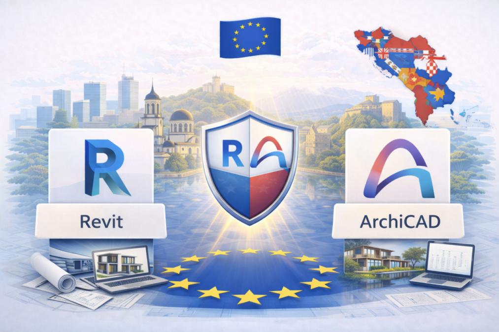 Visual comparison between Revit and Archicad BIM software for Balkan architecture in 2026, shown with regional landmarks, EU context and minimal interface elements.