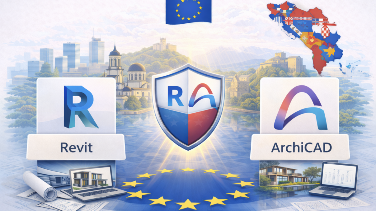 Visual comparison between Revit and Archicad BIM software for Balkan architecture in 2026, shown with regional landmarks, EU context and minimal interface elements.