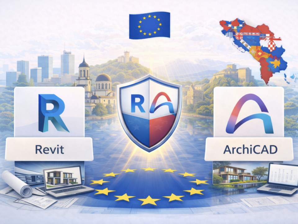 Visual comparison between Revit and Archicad BIM software for Balkan architecture in 2026, shown with regional landmarks, EU context and minimal interface elements.