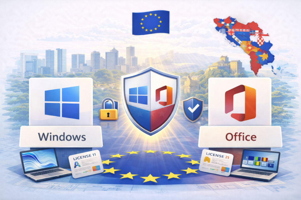 Illustration showing safe purchasing of Windows and Microsoft Office licenses in the Balkans in 2026, with security shield, EU context and Balkan regional elements.