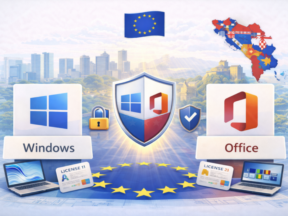 Illustration showing safe purchasing of Windows and Microsoft Office licenses in the Balkans in 2026, with security shield, EU context and Balkan regional elements.
