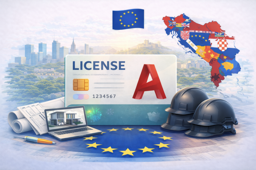 Illustration representing Autodesk commercial licensing in the Balkans for 2026, with license card, architectural tools, EU symbols and regional map elements.