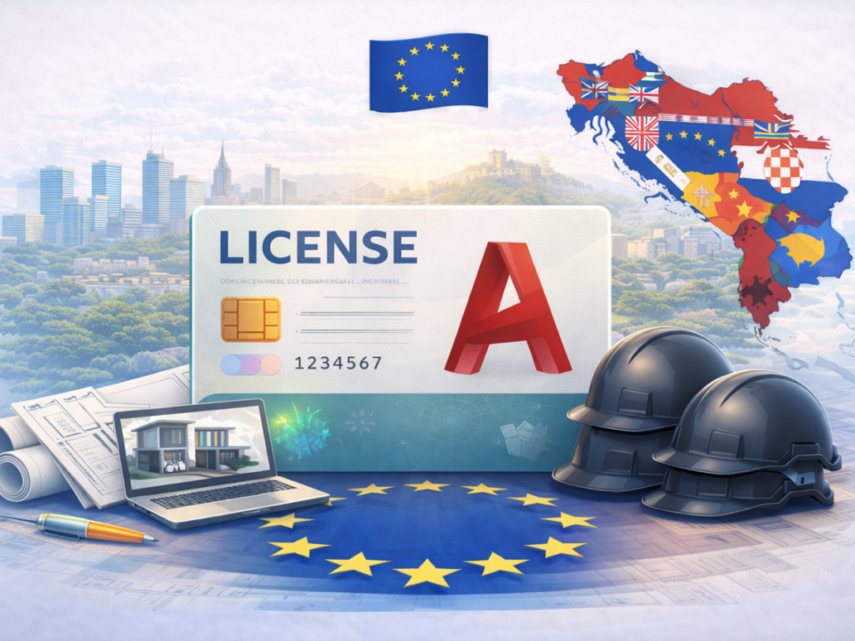 Illustration representing Autodesk commercial licensing in the Balkans for 2026, with license card, architectural tools, EU symbols and regional map elements.