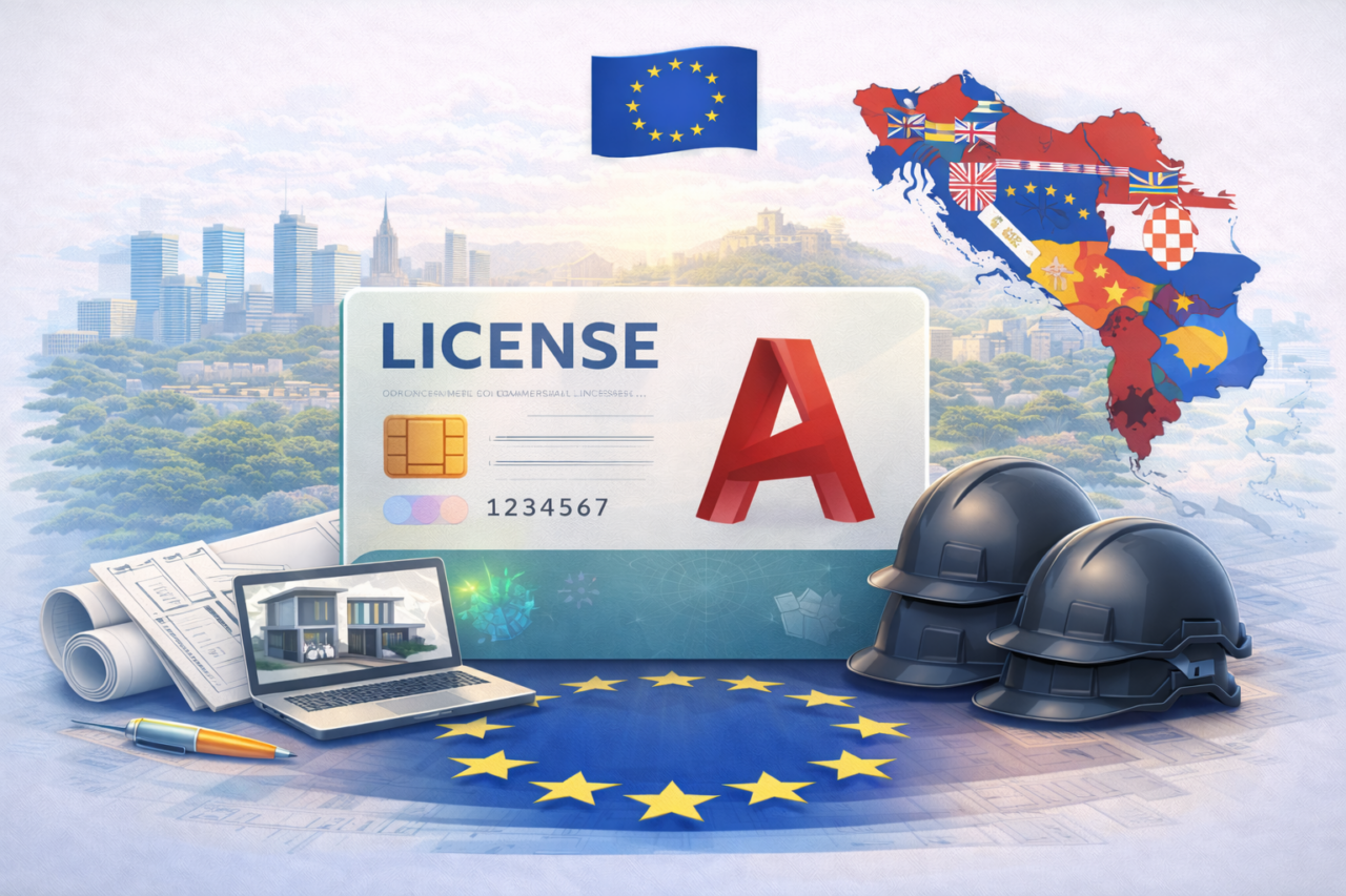 Illustration representing Autodesk commercial licensing in the Balkans for 2026, with license card, architectural tools, EU symbols and regional map elements.