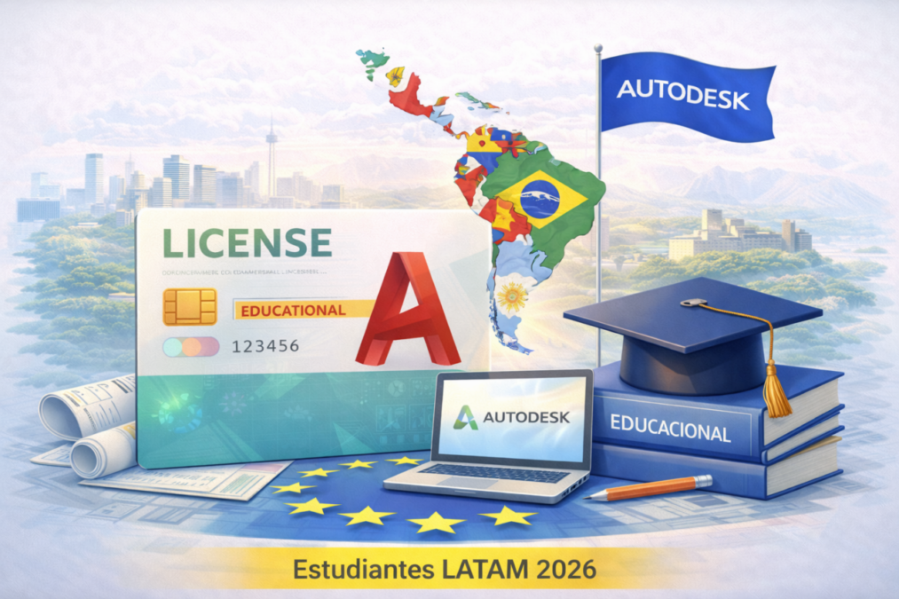 Illustration showing Autodesk educational software and licenses for students in Latin America in 2026, with LATAM map, student license card, graduation cap and Autodesk branding.