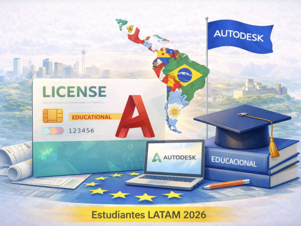 Illustration showing Autodesk educational software and licenses for students in Latin America in 2026, with LATAM map, student license card, graduation cap and Autodesk branding.