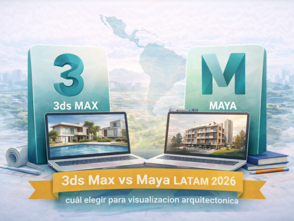 Graphic comparing 3ds Max and Maya for architectural visualization in LATAM 2026, showing software icons, architectural render imagery, and a subtle Latin America map outline.