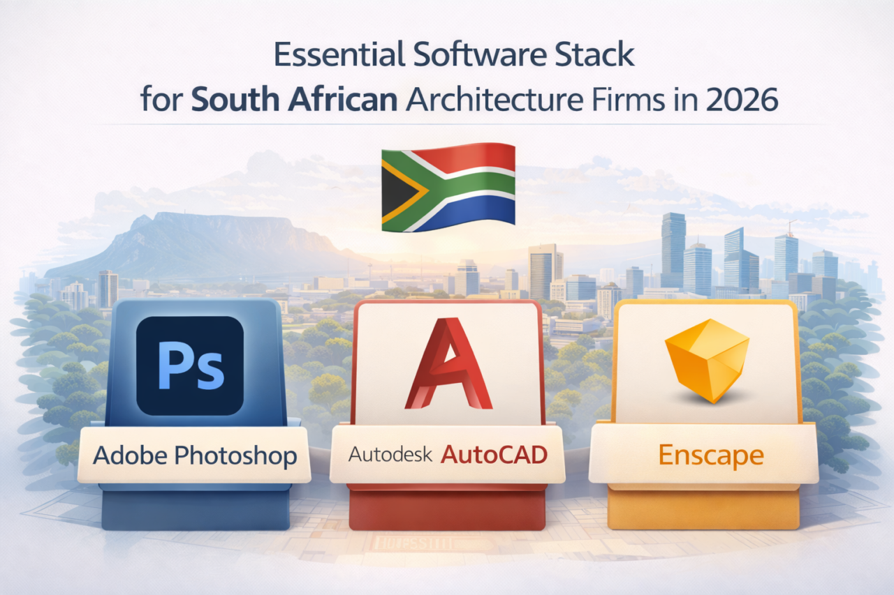 Essential software stack for South African architecture firms in 2026, featuring Adobe Photoshop, Autodesk AutoCAD and Enscape with South Africa skyline and flag.