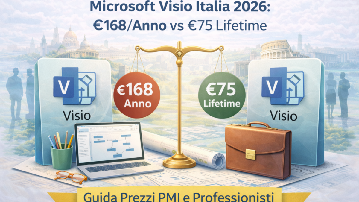Comparison of Microsoft Visio pricing in Italy 2026, showing annual subscription versus lifetime license with business context and productivity elements.