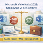 Comparison of Microsoft Visio pricing in Italy 2026, showing annual subscription versus lifetime license with business context and productivity elements.