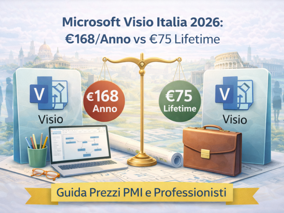 Comparison of Microsoft Visio pricing in Italy 2026, showing annual subscription versus lifetime license with business context and productivity elements.