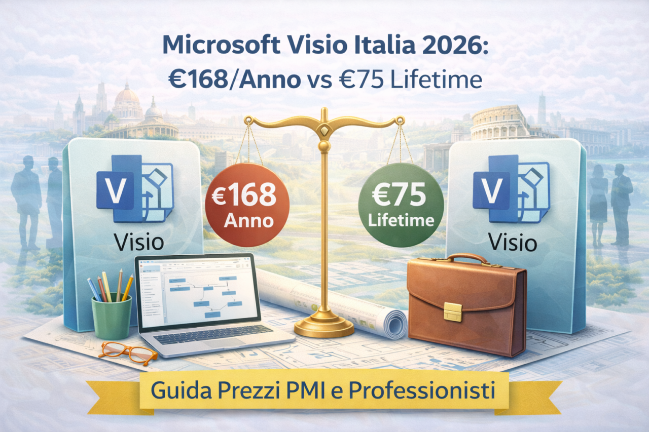 Comparison of Microsoft Visio pricing in Italy 2026, showing annual subscription versus lifetime license with business context and productivity elements.