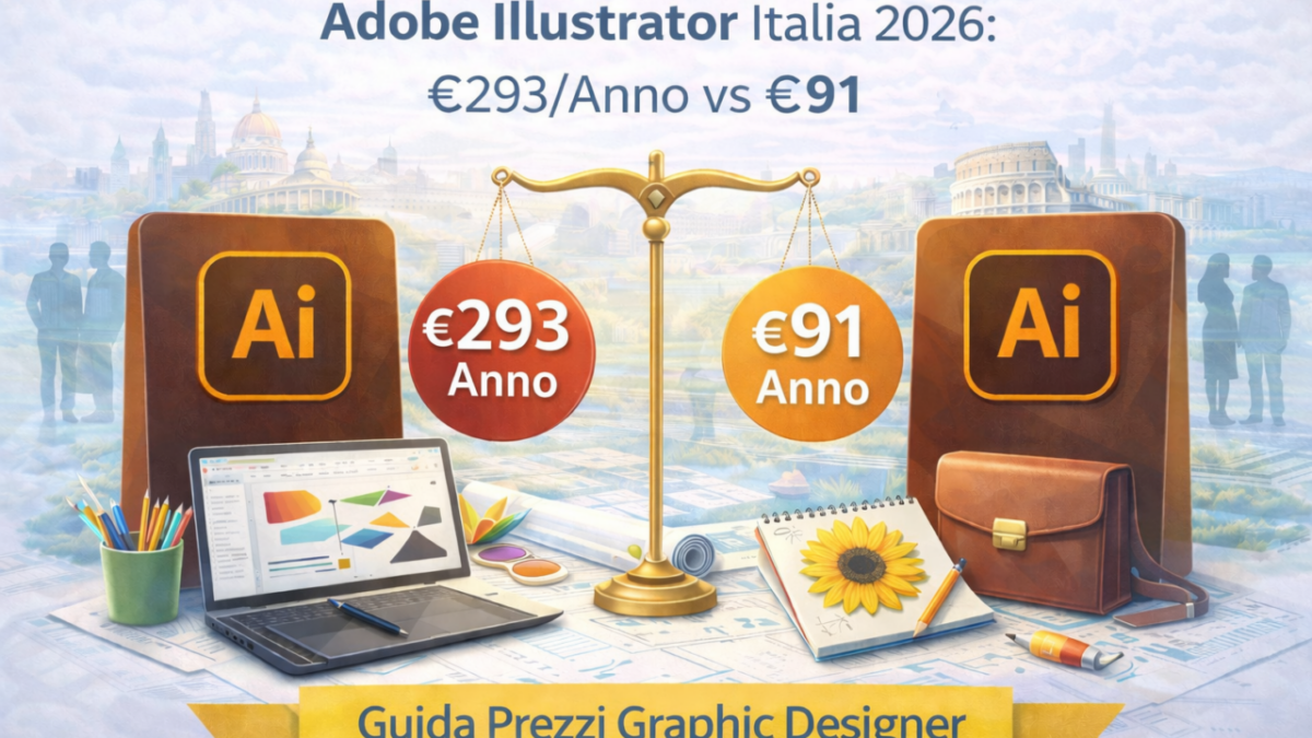 Comparison of Adobe Illustrator pricing in Italy 2026, showing €293 per year versus €91 per year for graphic designers, with creative workspace elements and Italian context.