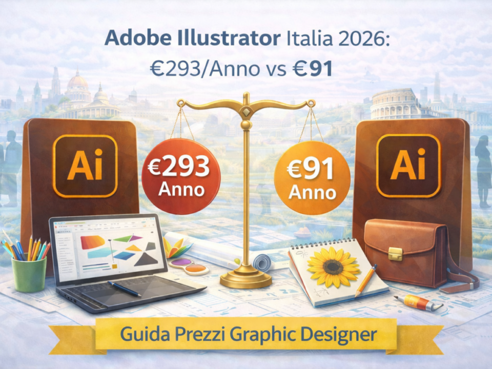 Comparison of Adobe Illustrator pricing in Italy 2026, showing €293 per year versus €91 per year for graphic designers, with creative workspace elements and Italian context.