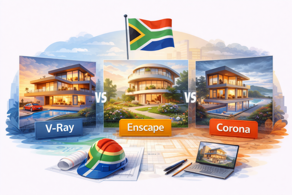 Illustration comparing V-Ray, Enscape and Corona rendering software for South African architects in 2026