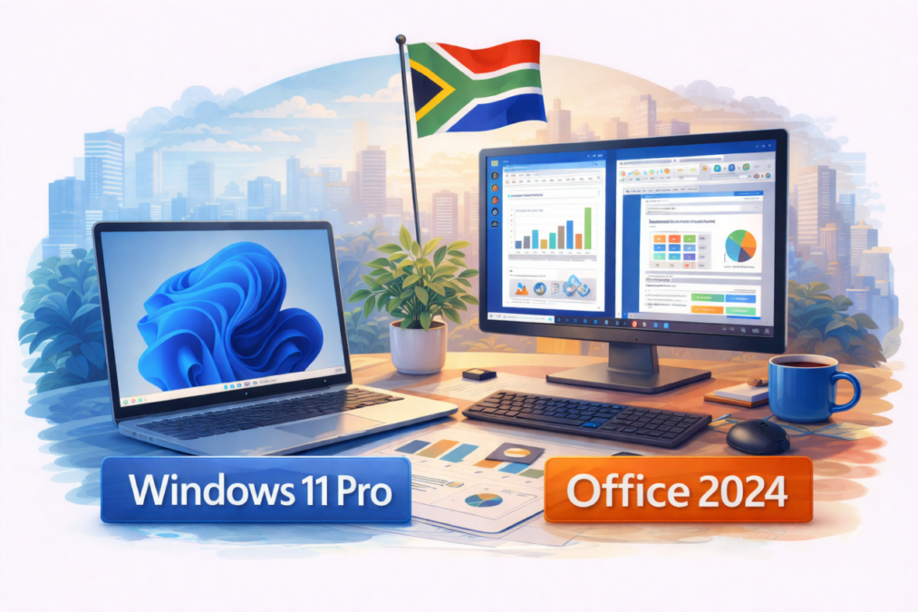 Illustration of Windows 11 Pro and Office 2024 as essential software for South African SMEs in 2026