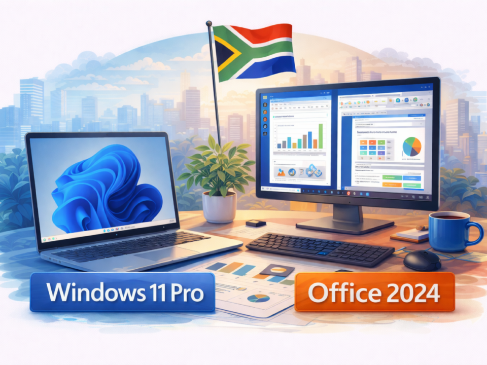 Illustration of Windows 11 Pro and Office 2024 as essential software for South African SMEs in 2026