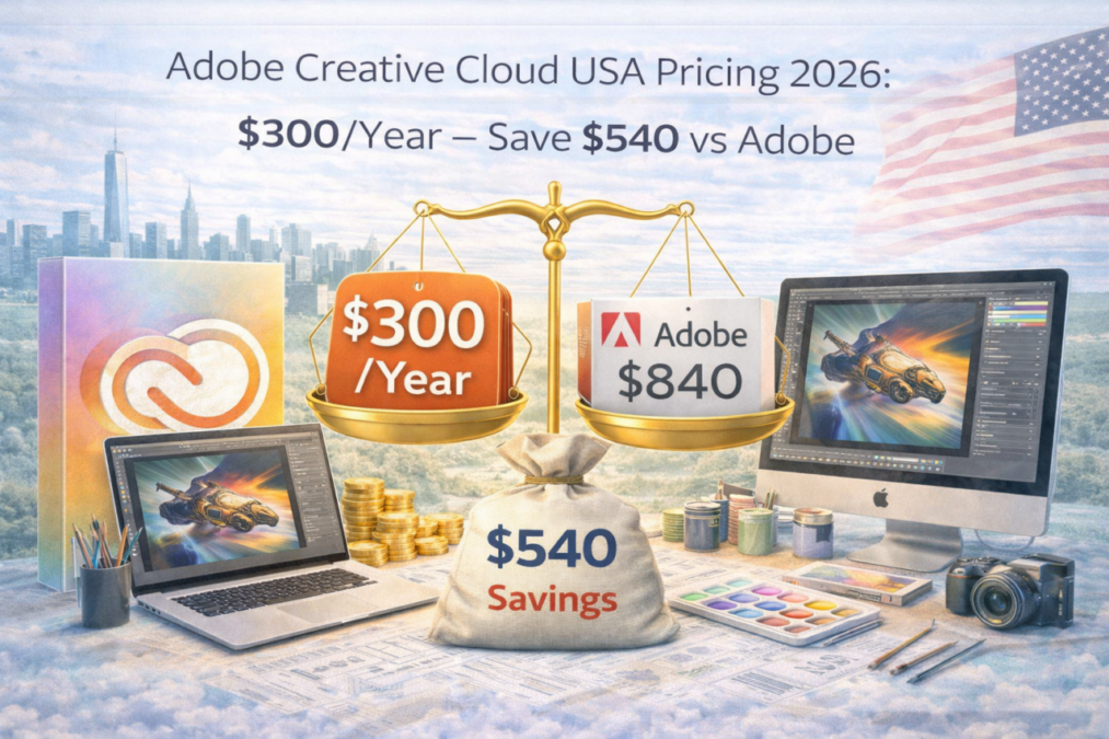 Adobe Creative Cloud USA pricing comparison 2026 showing $300 per year plan versus $840 Adobe standard pricing with $540 annual savings highlighted on balance scale.