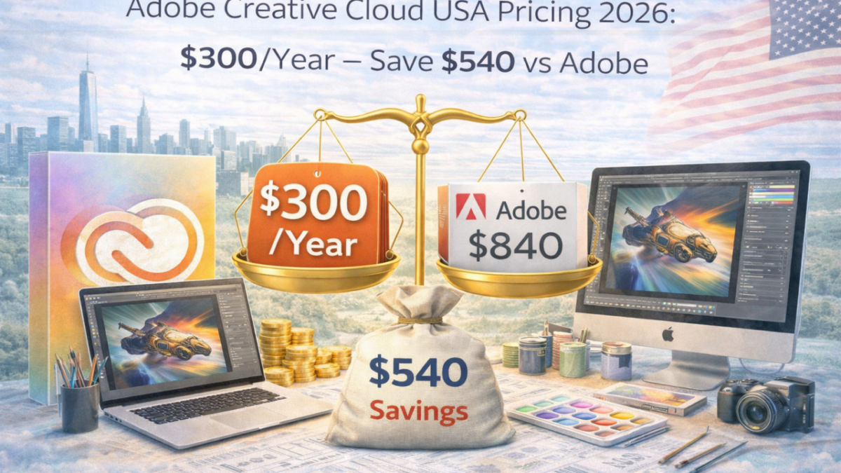 Adobe Creative Cloud USA pricing comparison 2026 showing $300 per year plan versus $840 Adobe standard pricing with $540 annual savings highlighted on balance scale.