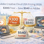 Adobe Creative Cloud USA pricing comparison 2026 showing $300 per year plan versus $840 Adobe standard pricing with $540 annual savings highlighted on balance scale.