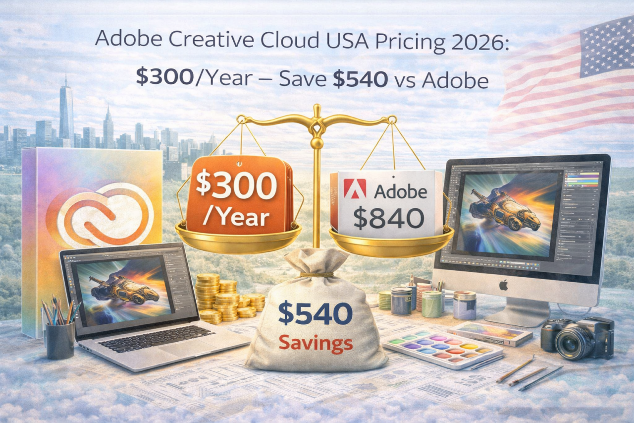 Adobe Creative Cloud USA pricing comparison 2026 showing $300 per year plan versus $840 Adobe standard pricing with $540 annual savings highlighted on balance scale.