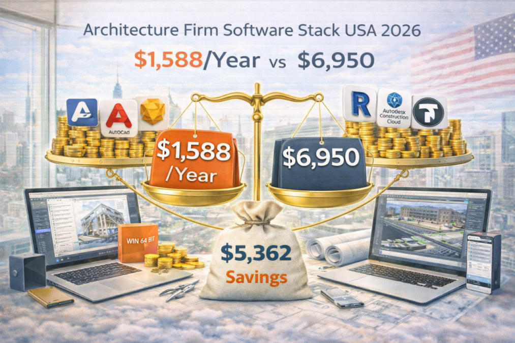 Architecture firm software stack USA pricing comparison 2026 showing $1,588 per year complete BIM setup versus $6,950 alternative stack with significant annual savings highlighted visually.